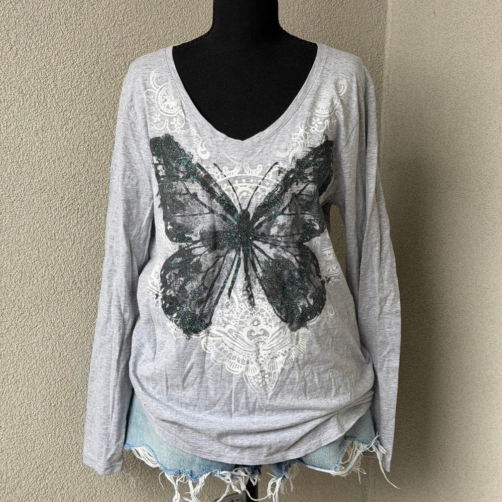 Hanes grey butterfly long sleeve vneck top Size XL